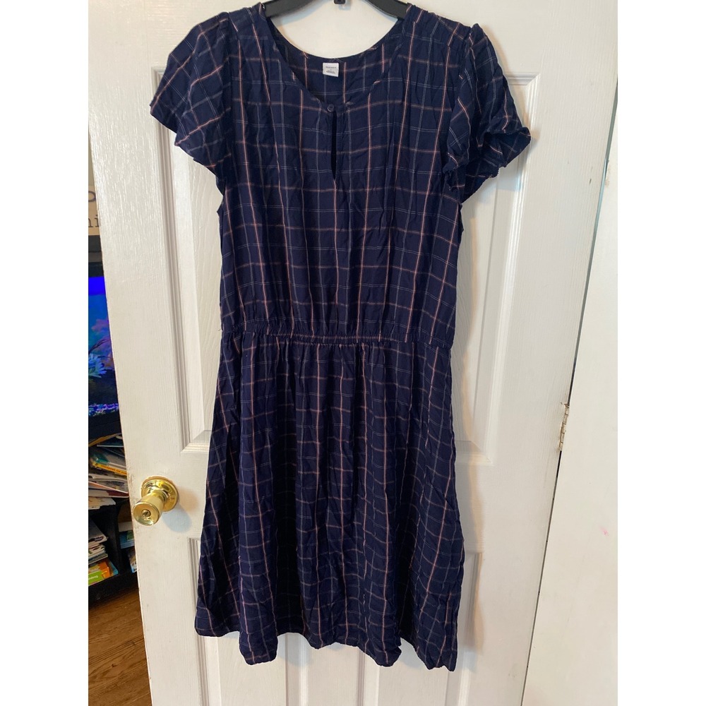 Old Navy Womens Navy Blue‎ Pink Plaid Short Flutter Sleeve Waist Dress Large